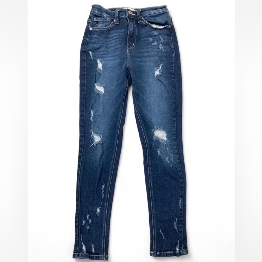 Kancan Mid Rise Distressed Denim Skinny Jeans, Dark Wash, Womens size 3/25